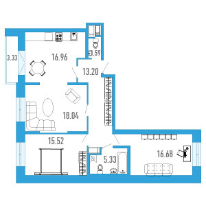 Трёхкомнатная квартира 88.98 м²